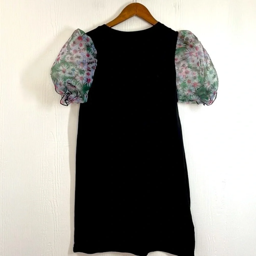 Forever 21 - Black Mini Shirt Dress With Short Floral Puffed See Thru Sleeves SM